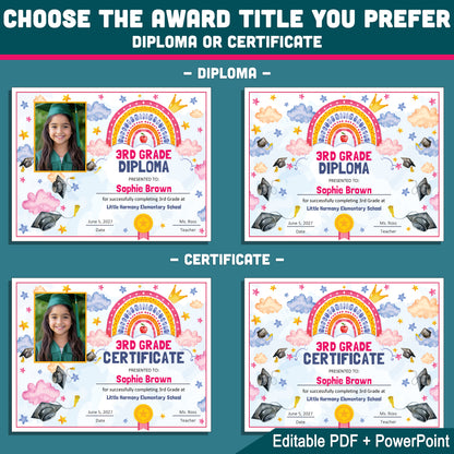 3rd Grade Completion Certificate, Third Grade Graduation Moving Up Awards, Editable Rainbow Star Theme, Photo and No Photo, PDF and PowerPoint
