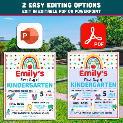 Editable First and Last Day of Kindergarten Sign, Colorful First Day School Poster, Printable Classroom Photo Sign Set