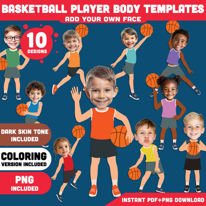 Basketball Player Add Your Own Face Craft, Basketball Body Templates Photo Insert Activity for Kids, Sports Craft Printable, Coloring Version Included