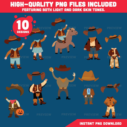 Cowboy Add Your Own Face Craft, Wild West Activity, Printable Body Templates, Bulletin Board Activity, Coloring Version Included, Light Dark Skin Inclusive Designs, PDF PNG Transparent Files