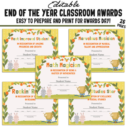 Editable End of Year Awards Certificates, 26 Pages, PDF, Instant Download – Perfect for Classroom and Student Achievements