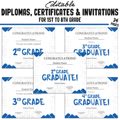 34 First Grade Achievement Diplomas, 1st-8th Grade Certificates, and Invitation Templates in a Modern Blue Theme, PDF Instant Download.