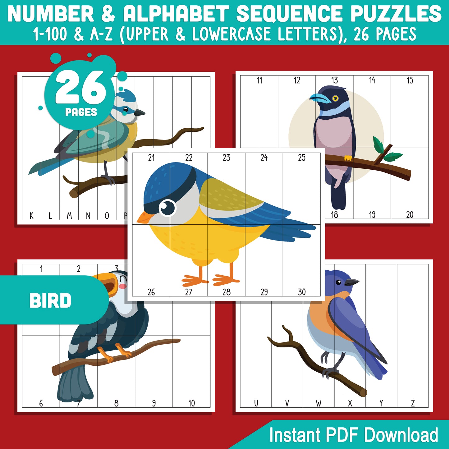 Bird Number and Alphabet Stripe Puzzles: 1-100 Counting and A-Z Sequencing for Toddlers, Preschool, and Kindergarten, Fun for Math Centers, Printable PDF Download