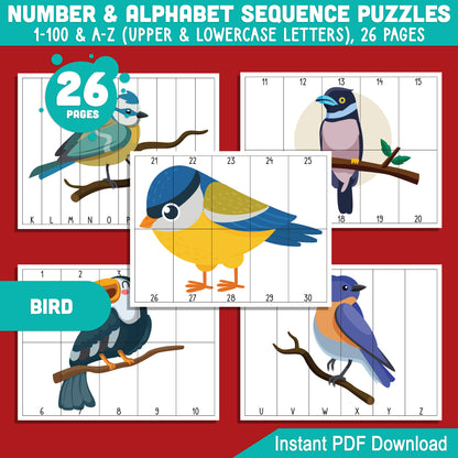 Bird Number and Alphabet Stripe Puzzles: 1-100 Counting and A-Z Sequencing for Toddlers, Preschool, and Kindergarten, Fun for Math Centers, Printable PDF Download