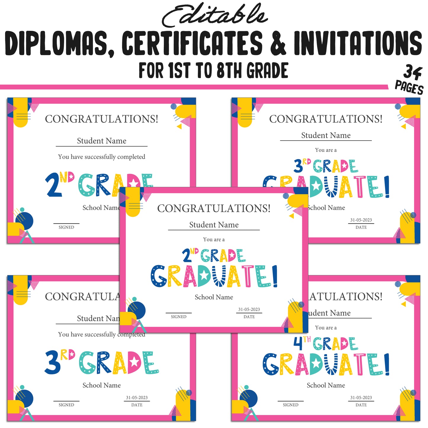 Editable Diploma for 1st Graders, 1st-8th Grade Graduation Certificates & Invitation Templates in a Flat Modern Theme - PDF Instant Download