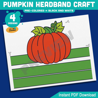 Pumpkin Headband Craft, Printable Autumn Crown, Paper Hat Activity, Pre-Colored & Black and White, Fall Craft for Kids, 4 Designs, A4, US Letter