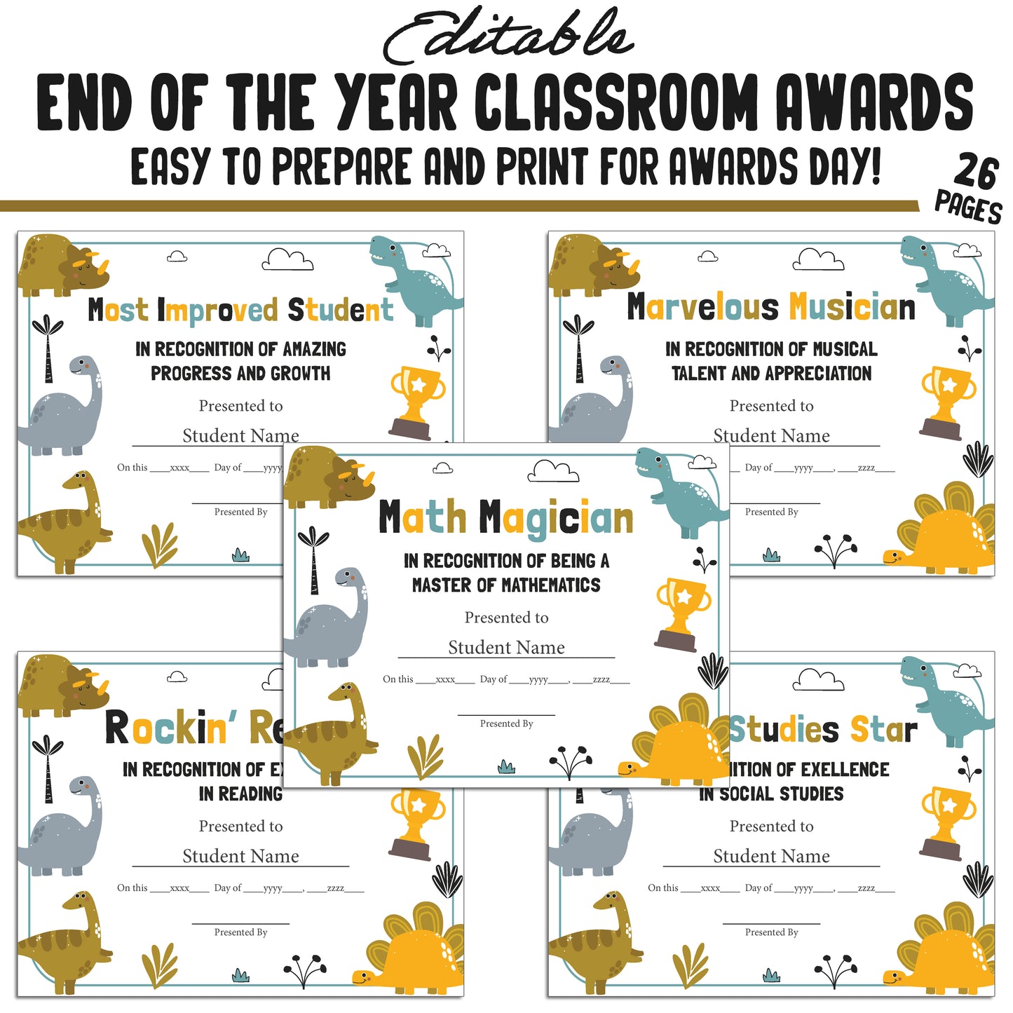 Customizable End-of-Year Awards for Preschool or Kindergarten – 26-Page PDF with Adorable Dinosaur Theme – Instant Download