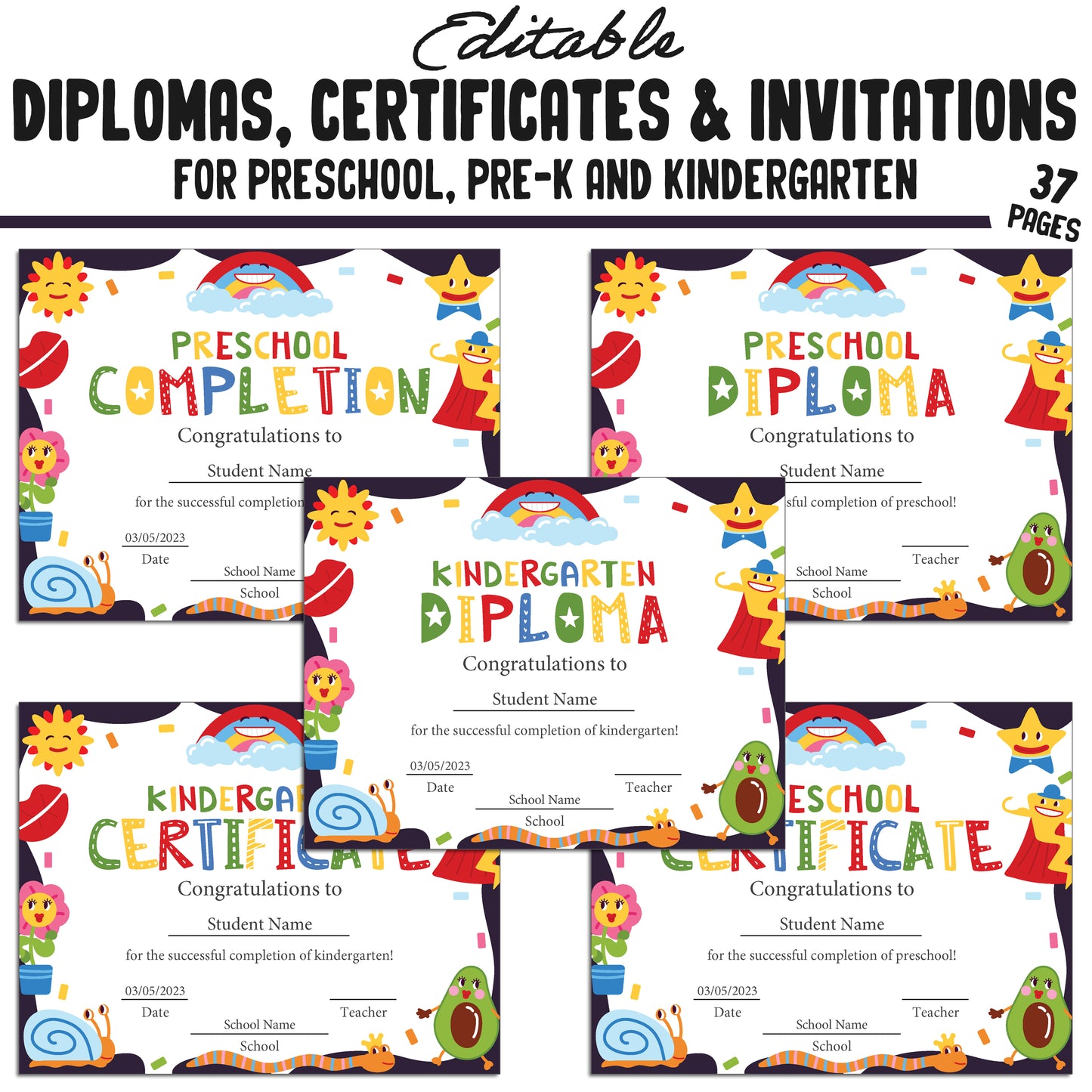 37 Printable Pre-K, Kindergarten, and Preschool Diplomas, Certificates, and Invitation Templates (PDF Files) - Instant Download
