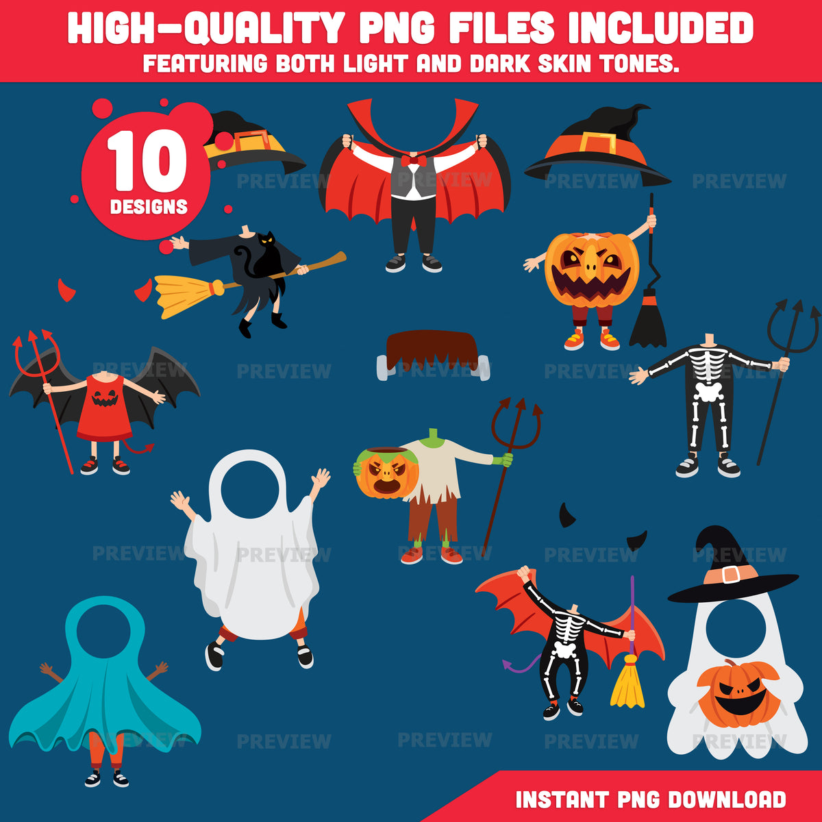 Halloween Body Templates, Face-Inspired Paper Craft, Fall Season Activity, 10 Designs, Light & Dark Skin, High-Resolution PDF + PNG, Coloring Included