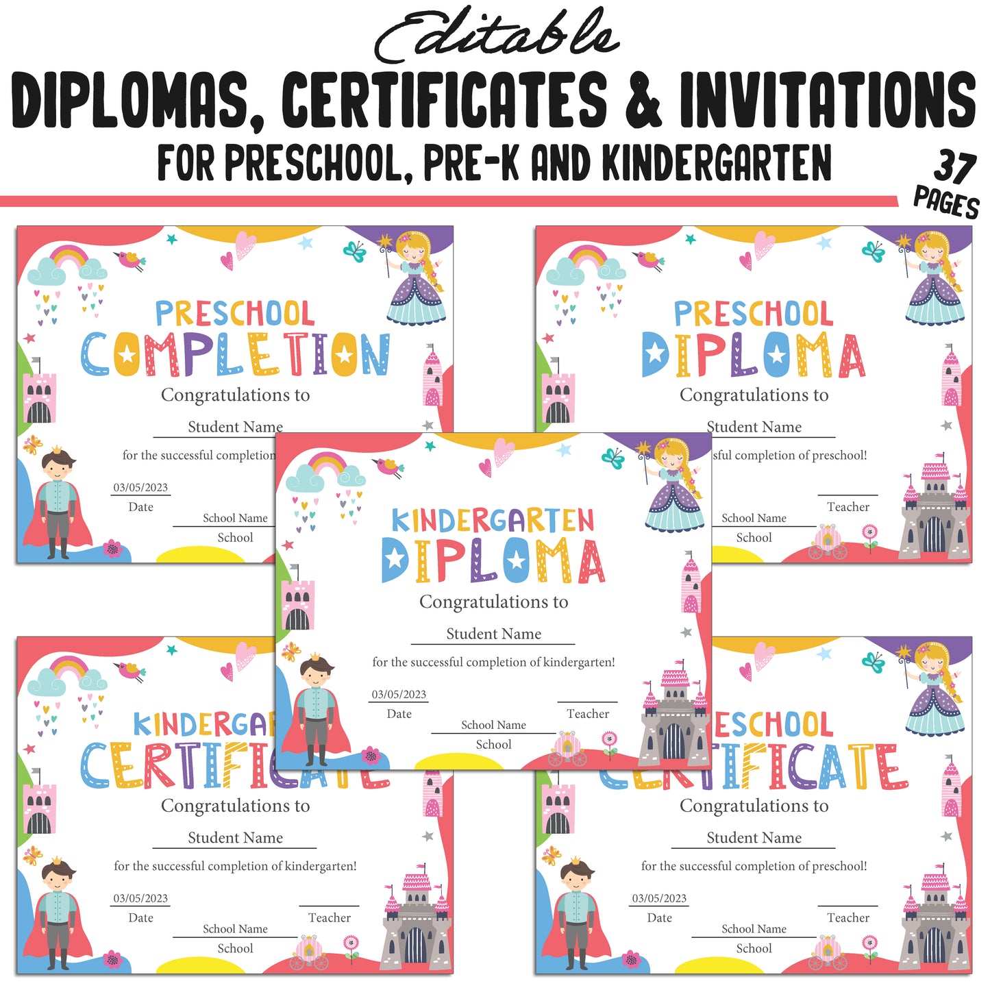 Editable Kindergarten, Pre-K, and Preschool Graduation Invitations, Diplomas, and Certificate Templates – Instant PDF Download!