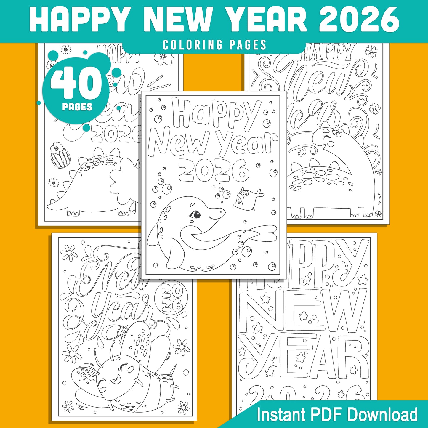 Kids' 2026 New Year Coloring Pages: 40 Funny Animal Prints for Holiday Fun, Creative Printable Activities, PDF Instant Download