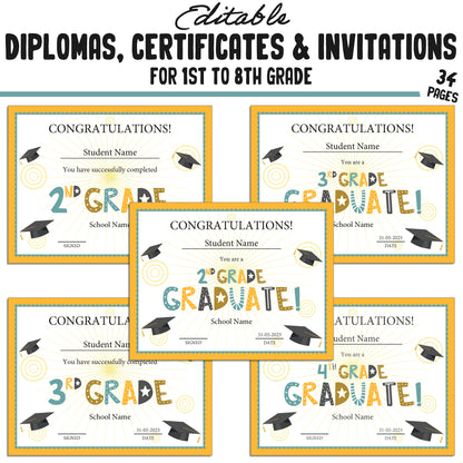 34 Editable First Grade Diplomas, 1st-8th Grade Certificates, Diplomas & Invitation Templates, Golden and Green-Themed, PDF