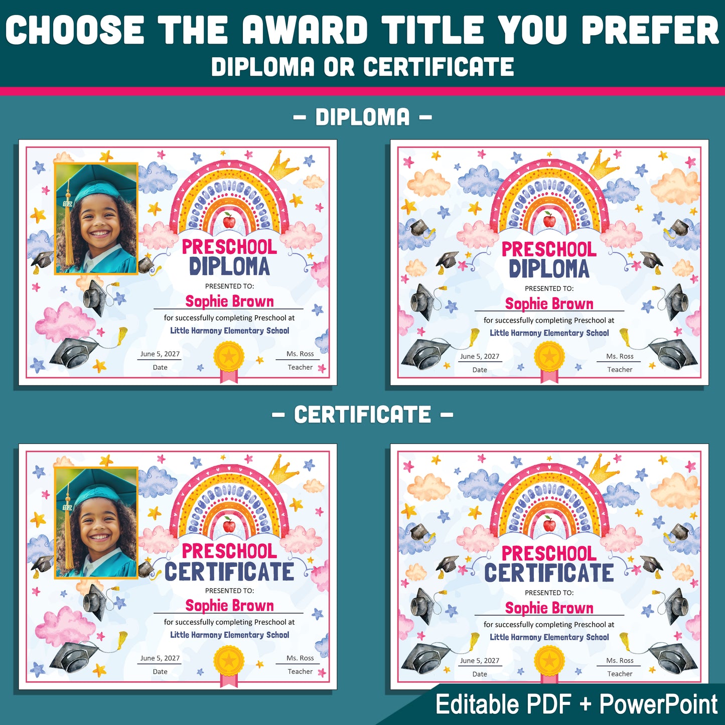 Editable Moving Up Certificate, Any Grade Promotion Award, Pre-K Preschool to 1st–8th & Beyond, PDF PowerPoint Templates, Photo Option