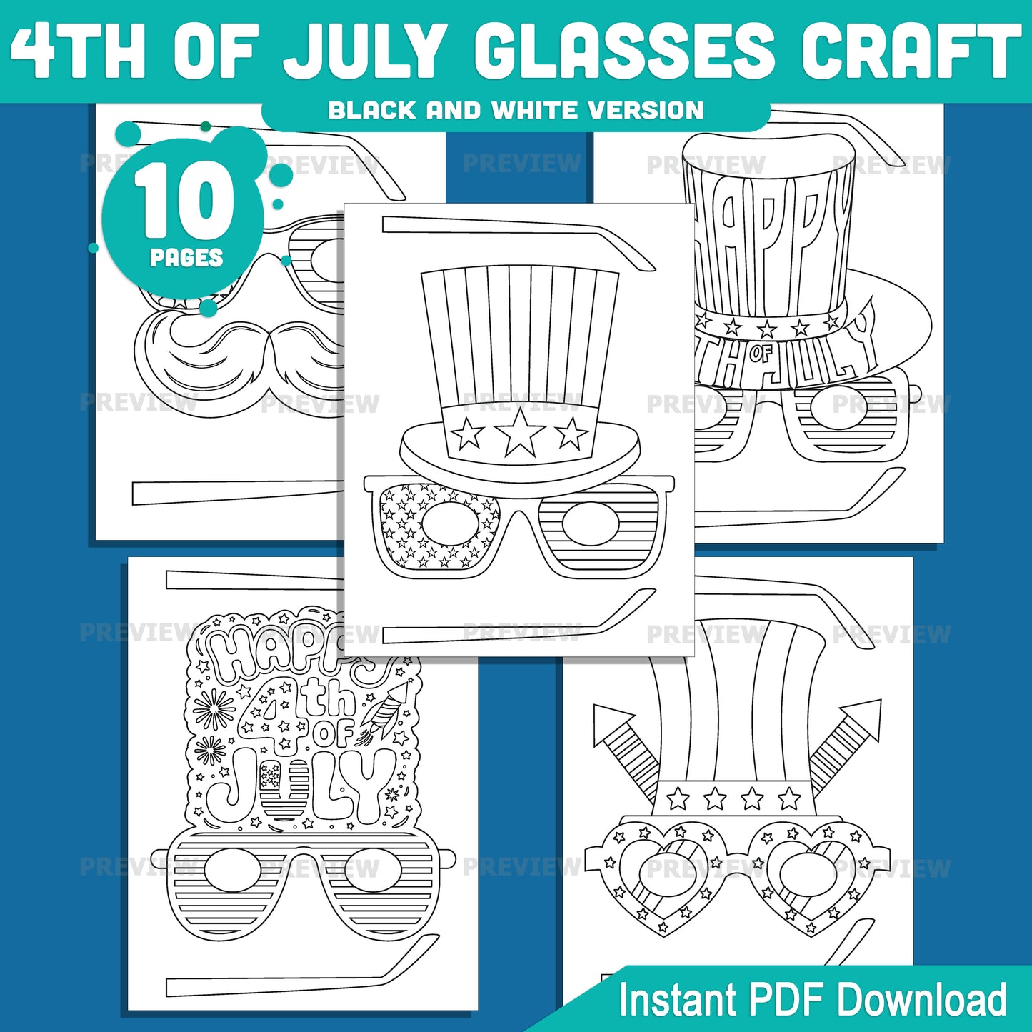 Printable 4th of July Glasses Craft, Independence Day Wearable Craft, Patriotic Kids Activity, Easy Summer Party Printable