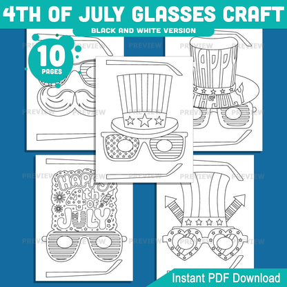 Printable 4th of July Glasses Craft, Independence Day Wearable Craft, Patriotic Kids Activity, Easy Summer Party Printable