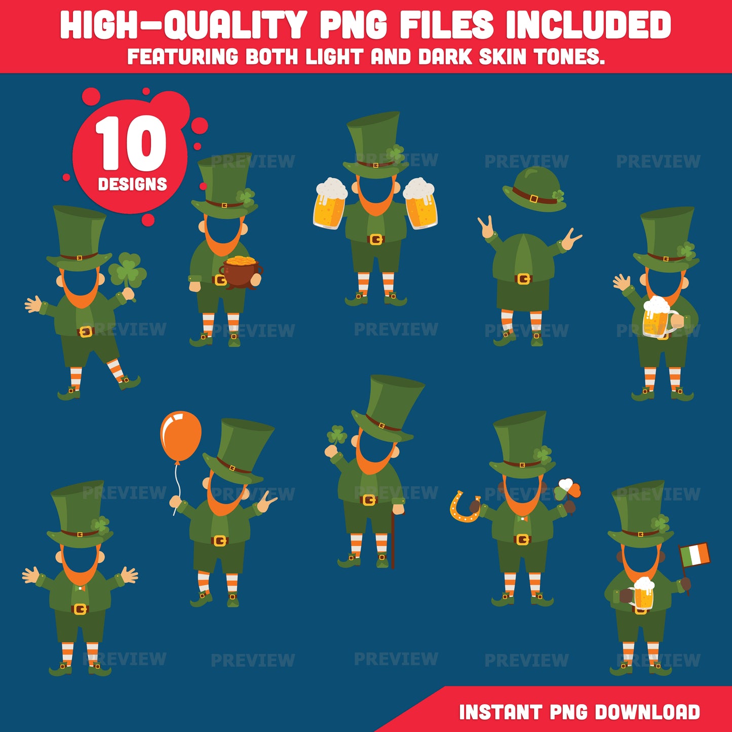 Custom Leprechaun Body Templates, Add Your Own Face Craft for Kids, Coloring Version Included, St. Patrick’s Day Clip Art