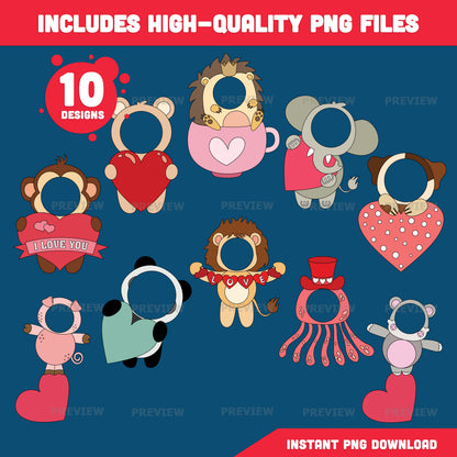 Valentine Animal Add Your Own Face Crafts, Valentine Animal Body Templates with Coloring Pages, Fun Valentine Classroom Activity, PDF & PNG
