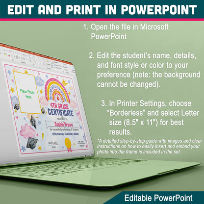 4th Grade Completion Certificate, Fourth Grade Graduation End of School Year Awards, Editable Rainbow Stars, Photo and No Photo, PDF and PowerPoint