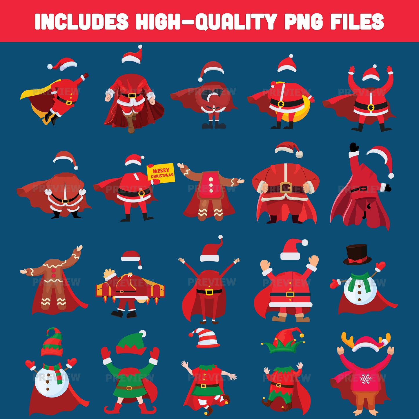Christmas Superhero Body Templates – Make Your Own Holiday Cutouts with Santa Snowman Elf Reindeer Gingerbread Man, 20 designs Light + Dark Skin Tone, PDF + PNG