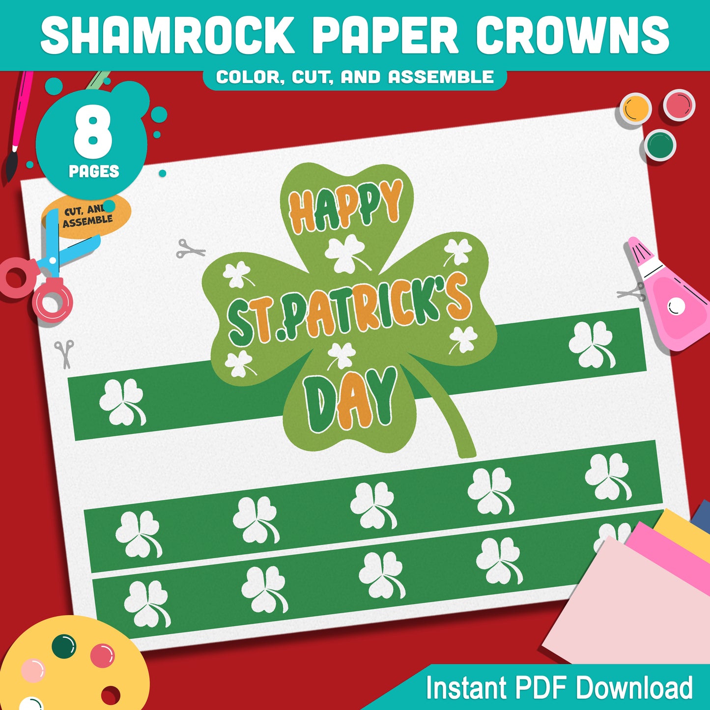 Shamrock Paper Crowns – St. Patrick’s Day Printable Headband Craft for Kids, Lucky Leprechaun Crown, School Party Paper Hat, Pre-color + Black & White