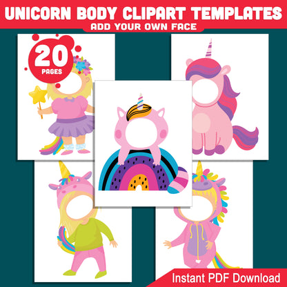 Unicorn Body Clipart Templates: Personalize with Your Photo Face, 20 Fun Unicorn Cutouts for Kids' Creative Crafts, Fairy Tale Printable PDF Download.
