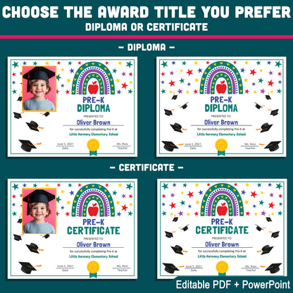 Editable Pre-K Graduation Certificate, Rainbow and Star Theme, Photo and No-Photo Awards, PDF and PowerPoint, Editable for Any Grade Level