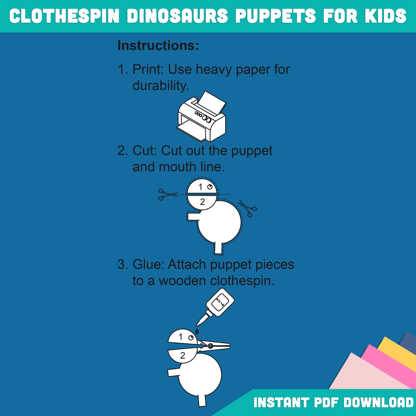 Printable Dinosaur Puppets for Kids, 8-Page Clothespin Craft with 4 Exciting Designs, Pre-Colored and Black & White, Perfect for Playtime Fun, Instant PDF Download