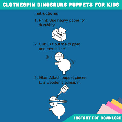 Printable Dinosaur Puppets for Kids, 8-Page Clothespin Craft with 4 Exciting Designs, Pre-Colored and Black & White, Perfect for Playtime Fun, Instant PDF Download