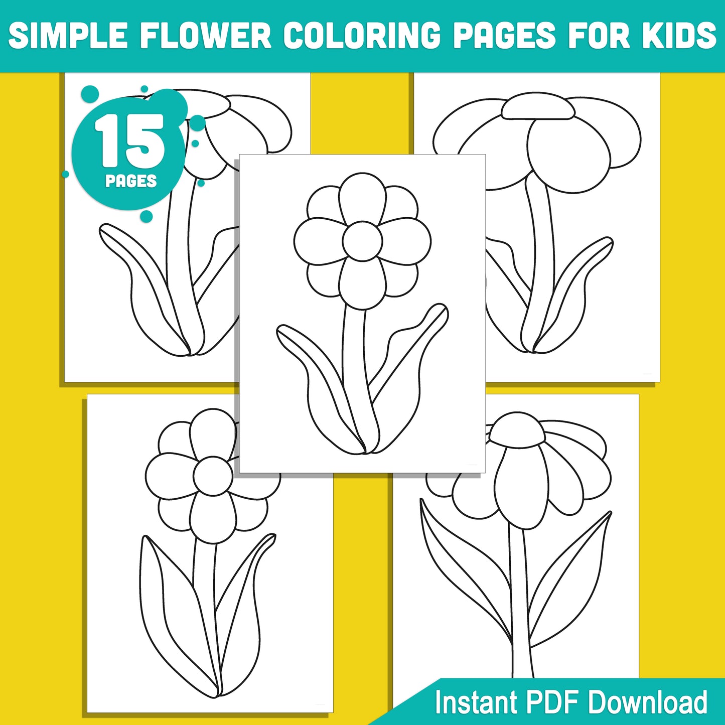 15 Simple Flower Coloring Pages for Kids: Fun and Engaging Designs, Ideal for Young Artists in Preschool and Kindergarten, Instant PDF Download