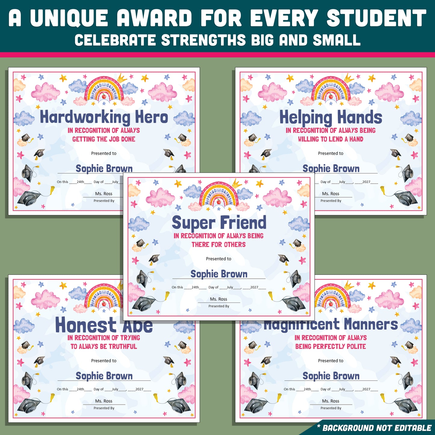 Editable Middle School End-of-Year Class Awards, Printable Student Appreciation Templates, 26 Recognition Designs