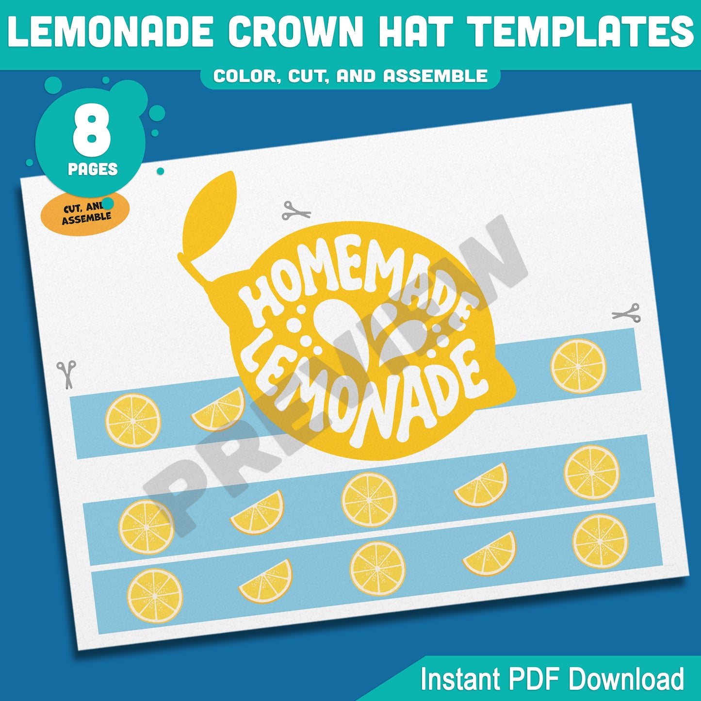 Lemonade Crown Hat Templates – Printable Summer Headband Craft for Kids, 8 Pages with Coloring Option, Instant PDF Download