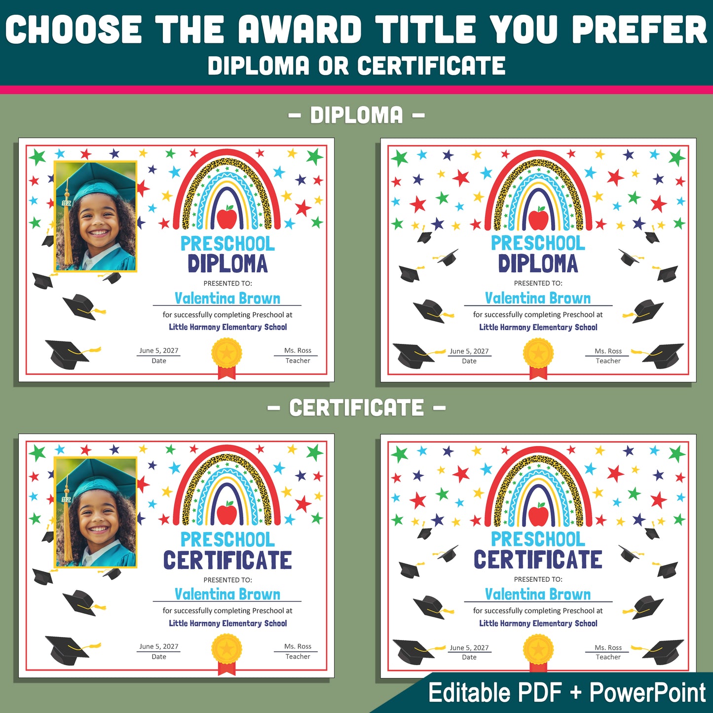Editable Colorful Graduation Certificates, Bright Student Award Templates, PDF and PowerPoint, Photo and No-Photo Styles