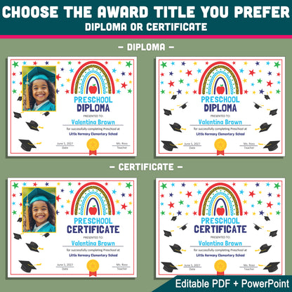 Editable Colorful Graduation Certificates, Bright Student Award Templates, PDF and PowerPoint, Photo and No-Photo Styles