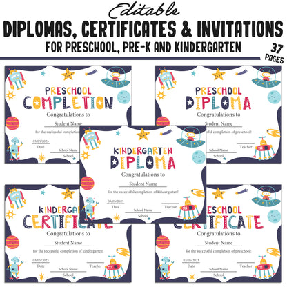 Printable and Editable Kindergarten, Pre-K, and Preschool Completion Certificates, Diplomas & Invitations, PDF Files, Instant Download