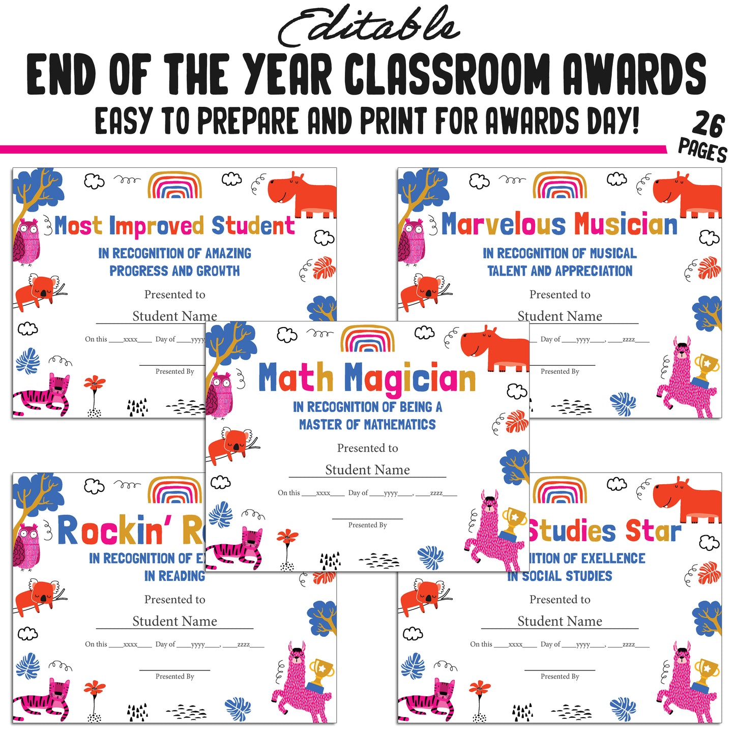 Customizable Classroom Superlatives and Fun End-of-Year Awards – 26-Page PDF with Adorable Animal Theme – Instant Download