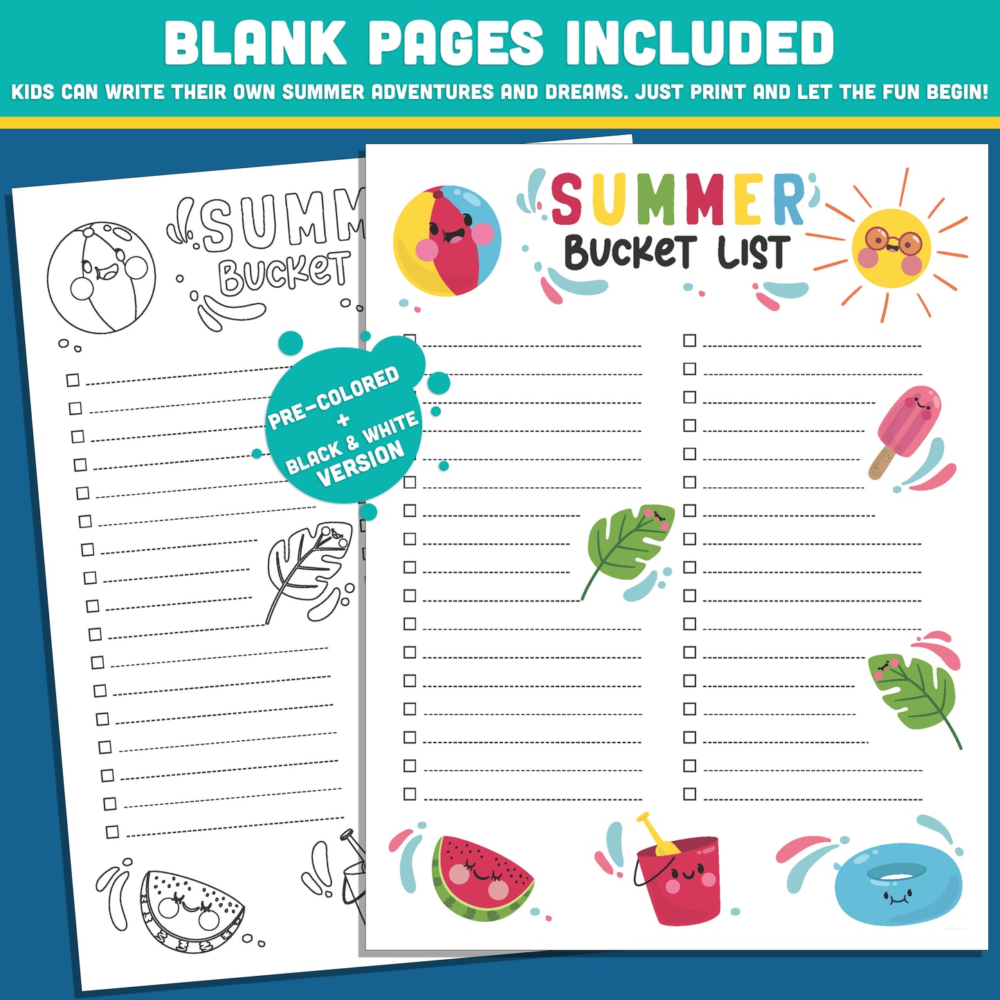 Printable Editable Summer Bucket List for Classroom: Kids' Activity Sheet in PDF & PowerPoint, Black & White and Color, Instant Download