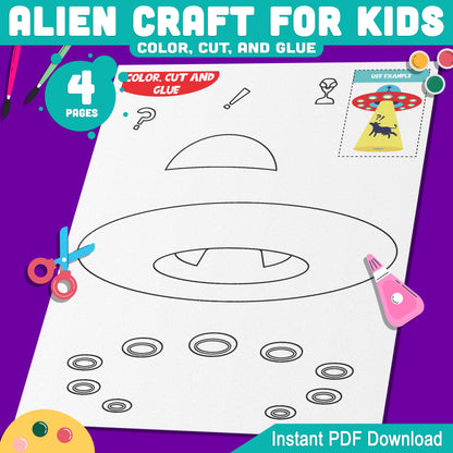 Alien Craft for Kids: Fun Printable Templates for Space-Themed Cut and Glue Activity, 4 Pages with Pre-Colored + Black & White