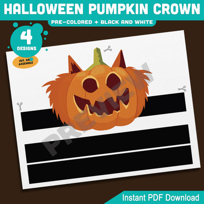 Halloween Pumpkin Crown, Printable Pumpkin Headband, Paper Hat Craft, Pre-Colored and Black & White, 4 Designs, Halloween Activity, A4, US Letter