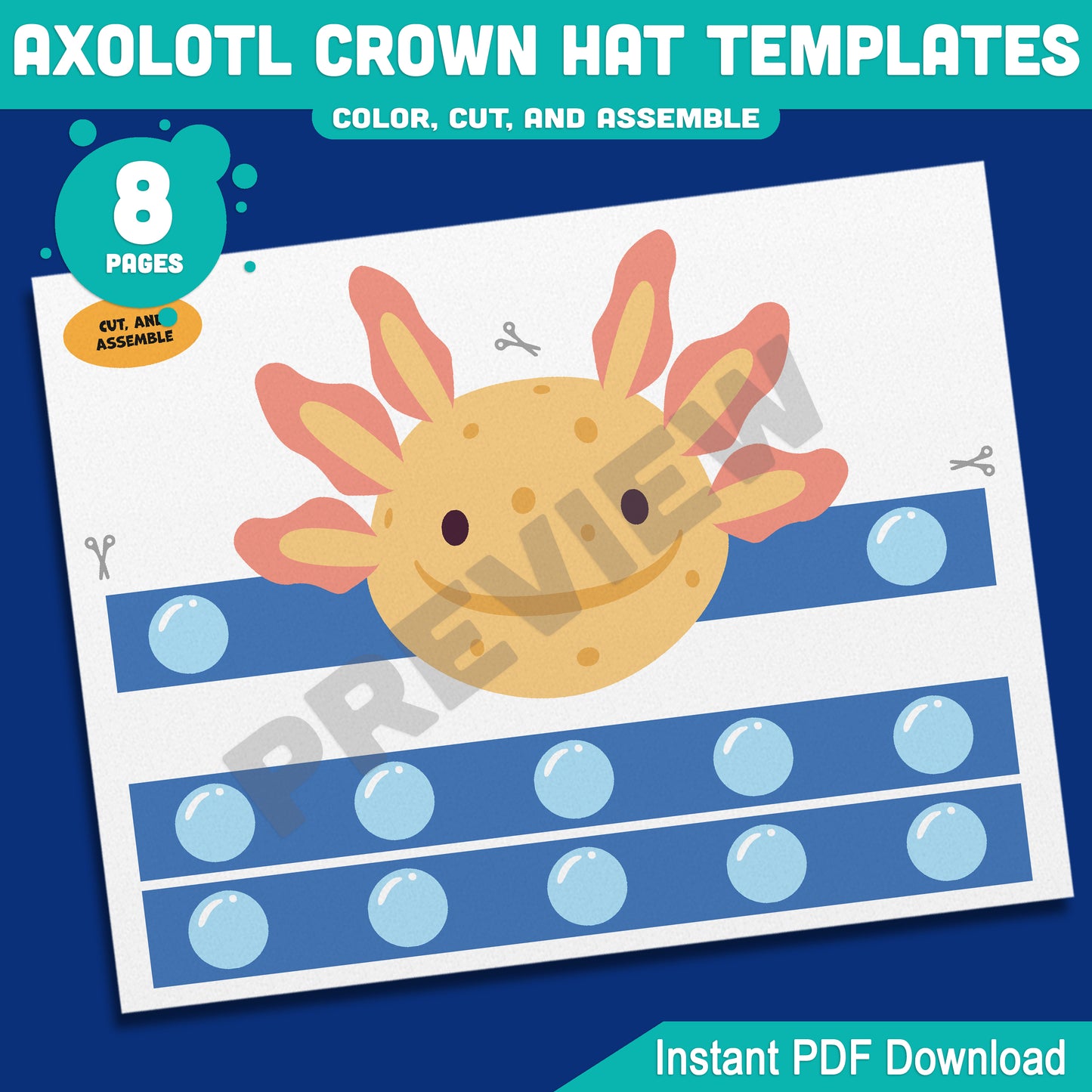 Axolotl Crown Hat Templates – 8 Fun Printable Headbands for Kids with Pre-Colored + Black & White Versions, Creative Craft PDF for Classroom