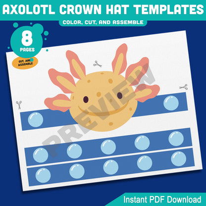 Axolotl Crown Hat Templates – 8 Fun Printable Headbands for Kids with Pre-Colored + Black & White Versions, Creative Craft PDF for Classroom