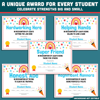 Editable Student Recognition Awards, Classroom Certificates, 26 Options, Printable Student Honors, Quick Personalization, Low Prep Teaching Tool
