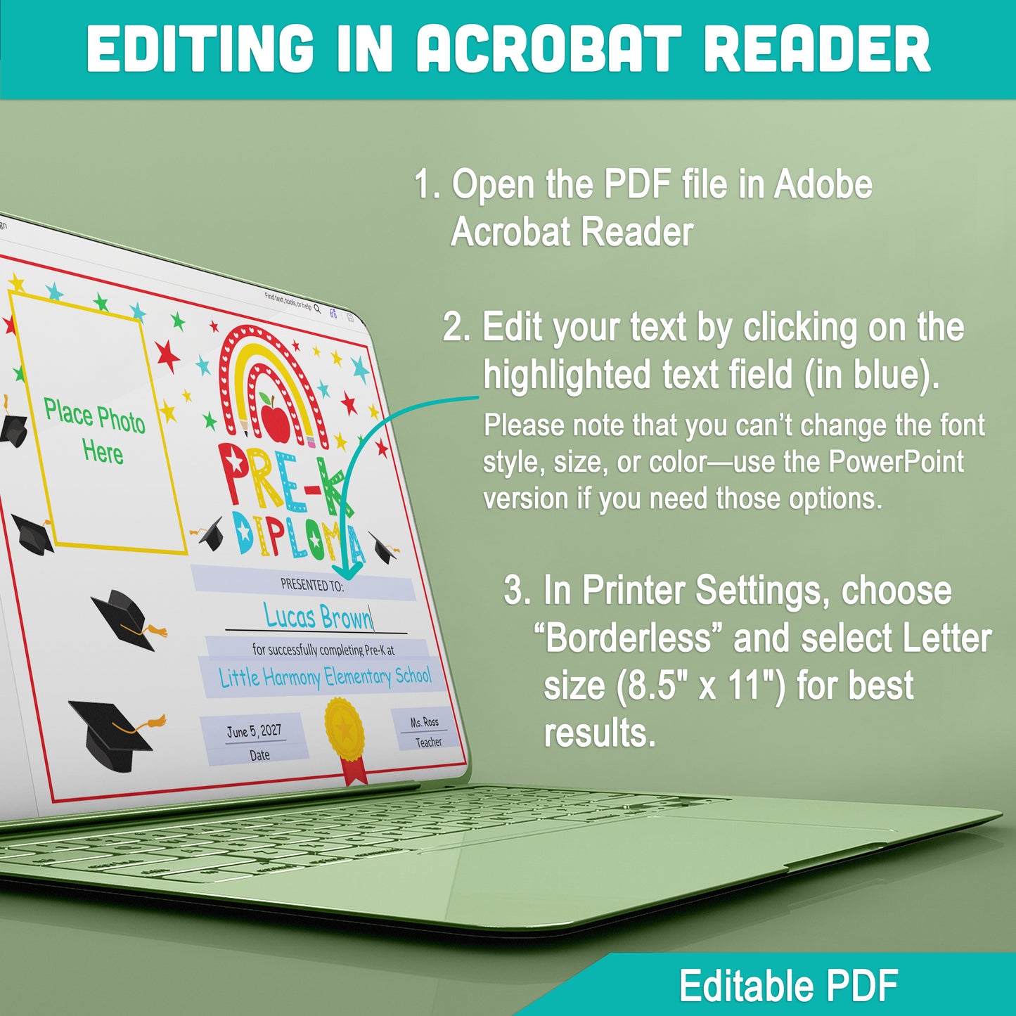 Editable Pre-K Graduation Diploma & Certificate Set, Printable Graduation Awards with Photo and No-Photo Options, Edit in PDF, PowerPoint, Canva