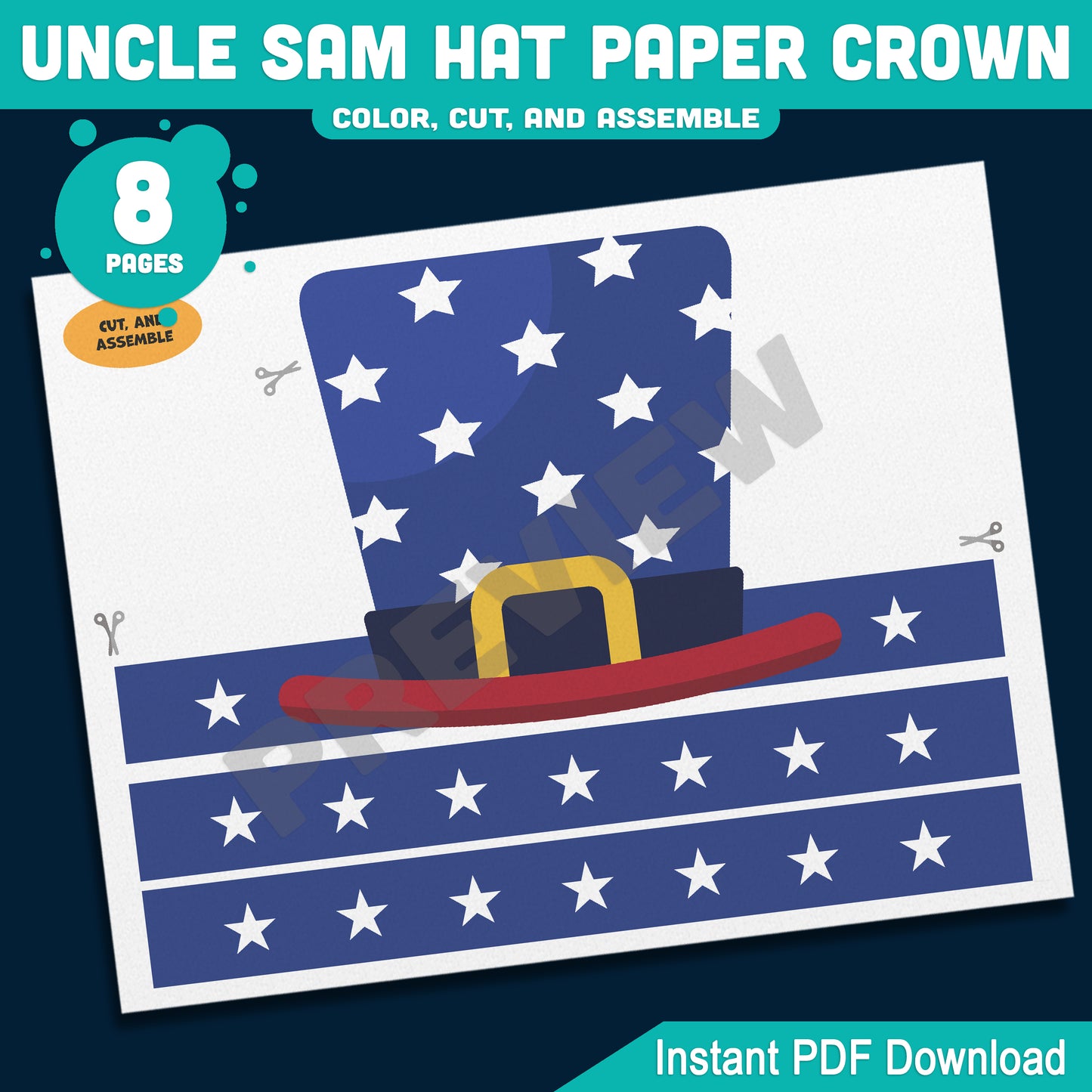 Uncle Sam Paper Hat Crown – Fun USA Patriotic Headband for Preschool & Kindergarten, Party Craft for July 4th or Veterans Day, PDF Download