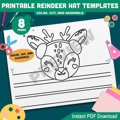 Festive Reindeer Hat Crown Templates: Christmas Craft Activity for Kids, 4 Unique Designs in Color & Black-and-White, Printable Instant Download.