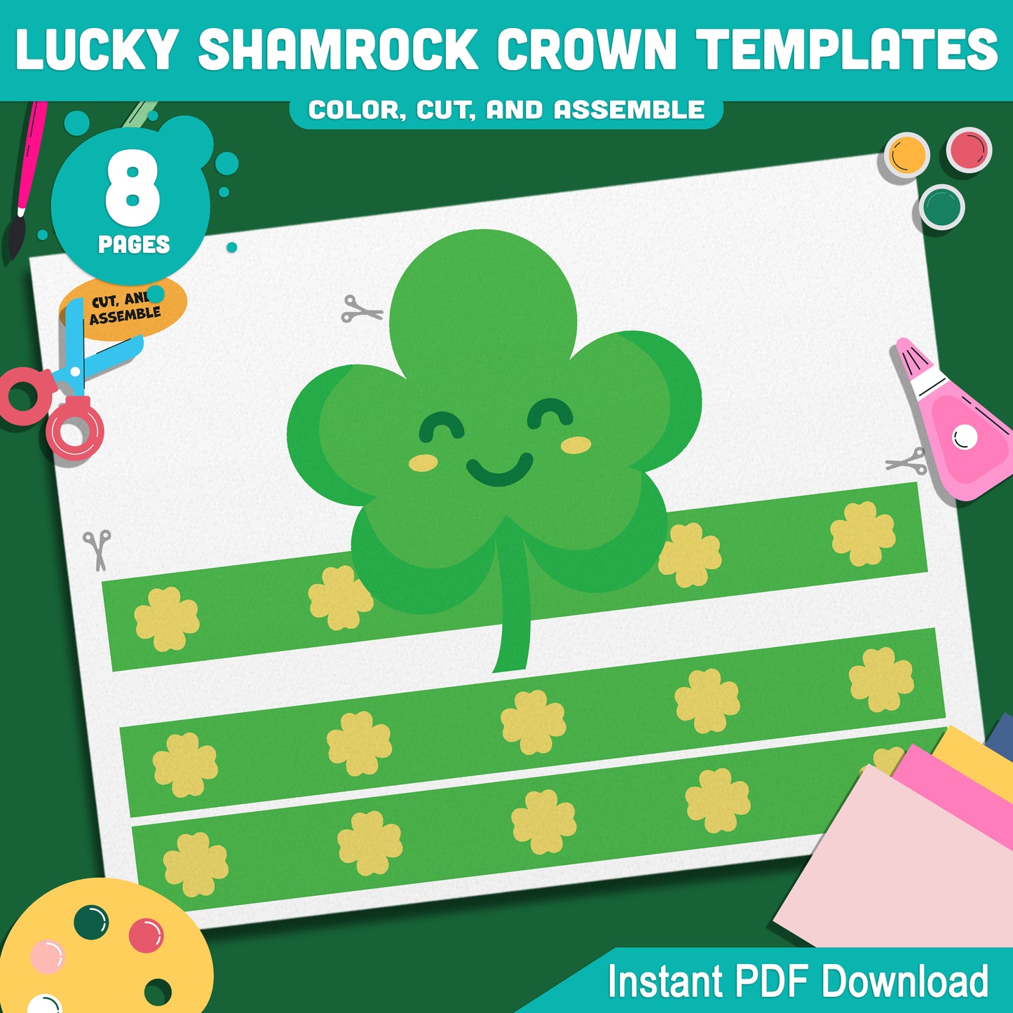 Lucky Shamrock Crown Templates – St. Patrick’s Day Wearable Craft, Shamrock Paper Crowns, Leprechaun School Headband, Play Party Hat, Pre-color + Black & White