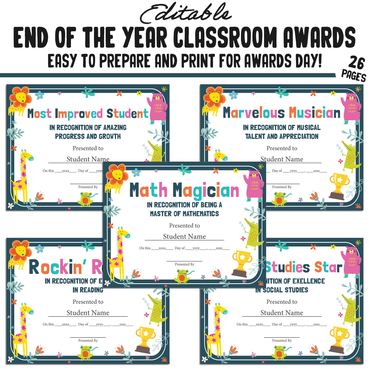 Printable & Editable Class Superlative Fun Classroom Awards for the End of the School Year, 26 Pages, PDF, Instant Download