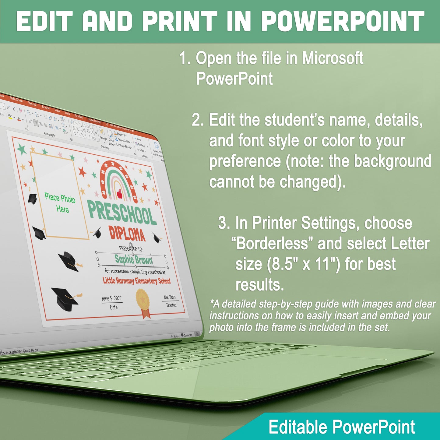 Editable Preschool Graduation Diploma & Certificate Set, Retro Rainbow Stars Theme, 8.5x11 Awards, Photo and No-Photo Options, PDF, PowerPoint