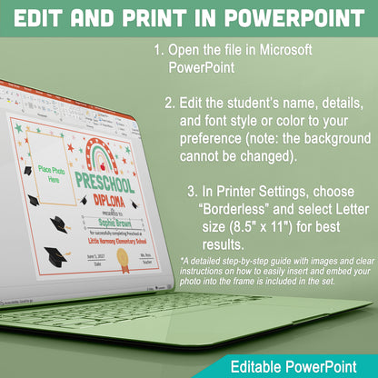 Editable Preschool Graduation Diploma & Certificate Set, Retro Rainbow Stars Theme, 8.5x11 Awards, Photo and No-Photo Options, PDF, PowerPoint