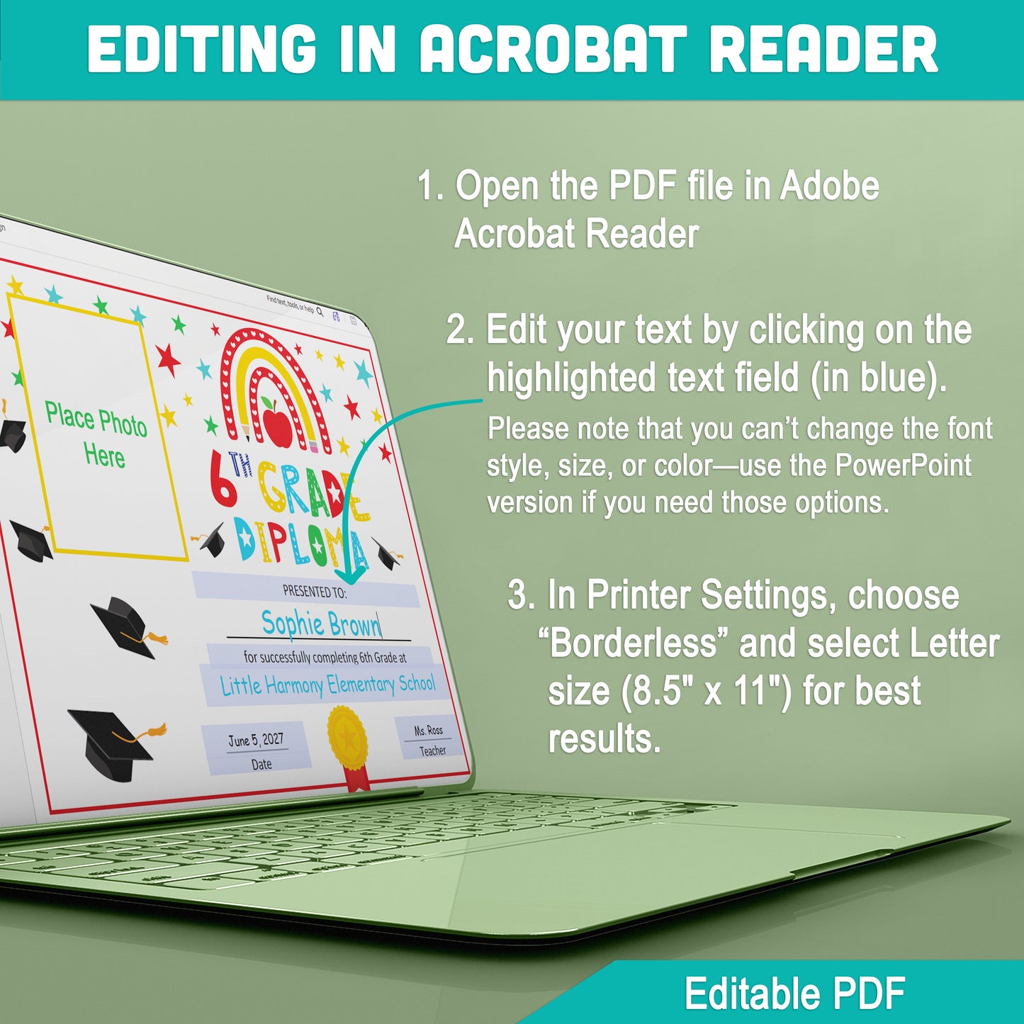 Editable 6th Graduation Diploma & Certificate Set, Rainbow Stars Graduation Awards, Photo or No-Photo Options, Edit in PDF, PowerPoint, Canva