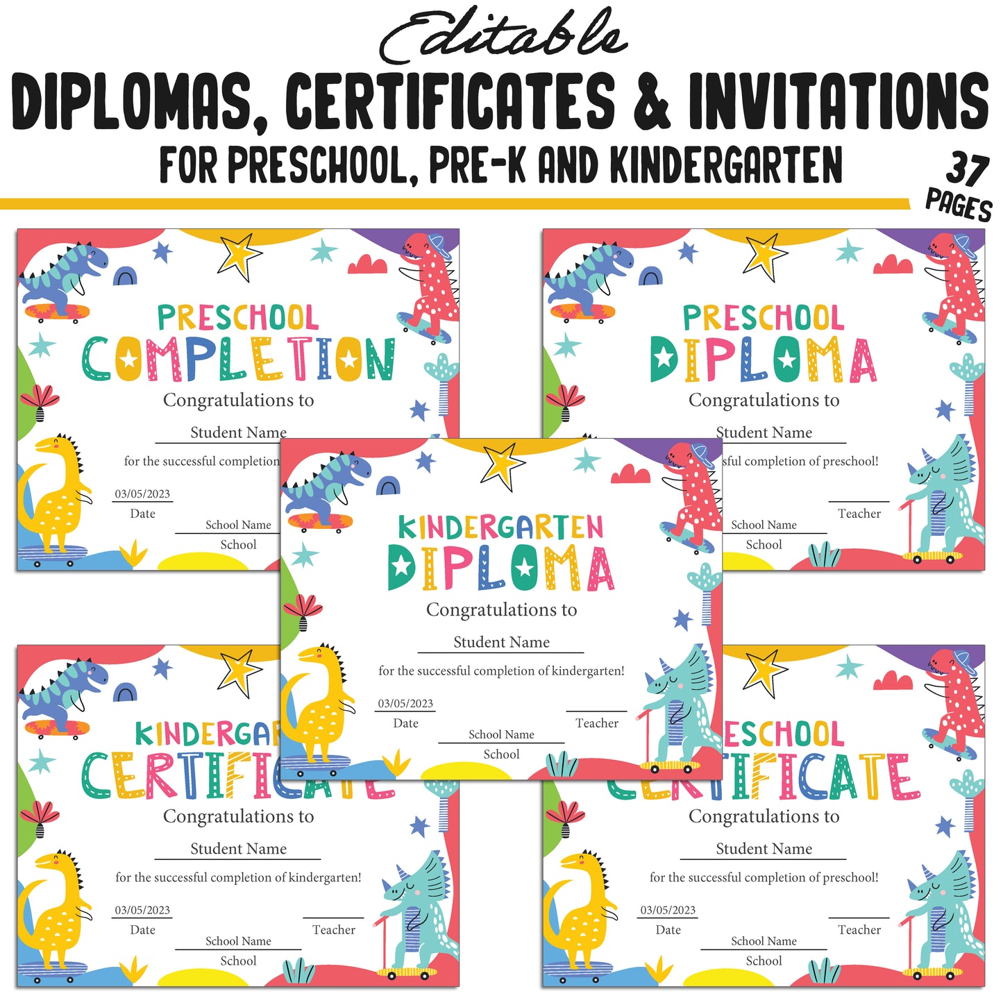 37 Editable Kindergarten, Pre-K, and Preschool Completion Certificate Diplomas, and Invitations Templates, PDF Files, Instant Download